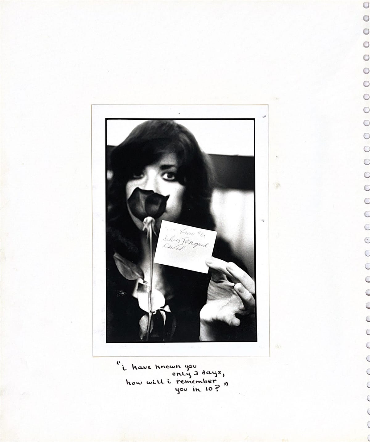 Page 11 of my 1971 scrapbook: me behind a rose, holding the note that came with it, with the handwritten caption beneath.